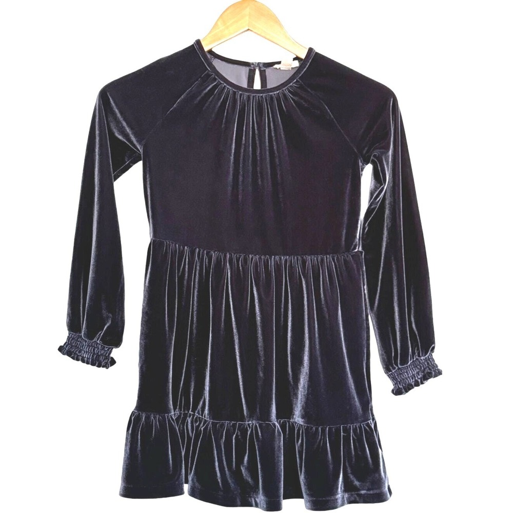 Crewcuts Velvet Tiered Party Dress Kids Size S Long Sleeve Ruffle Slate Blue - Picture 1 of 12